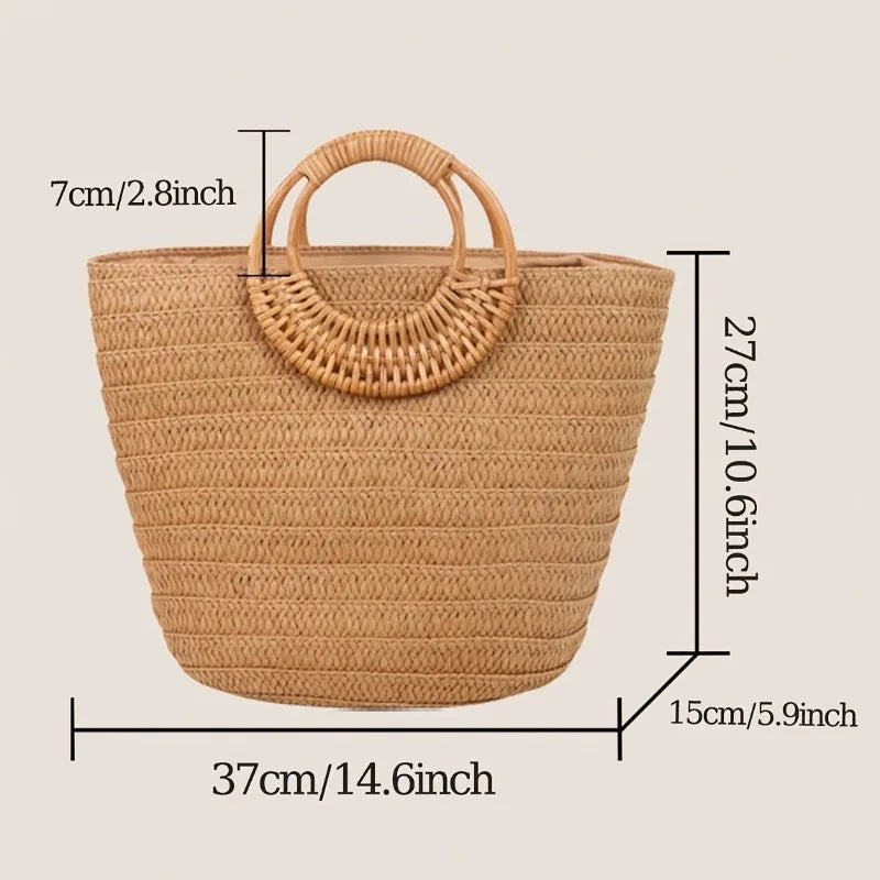 Woven Beach Tote Bag for Women – Round Wooden Handle