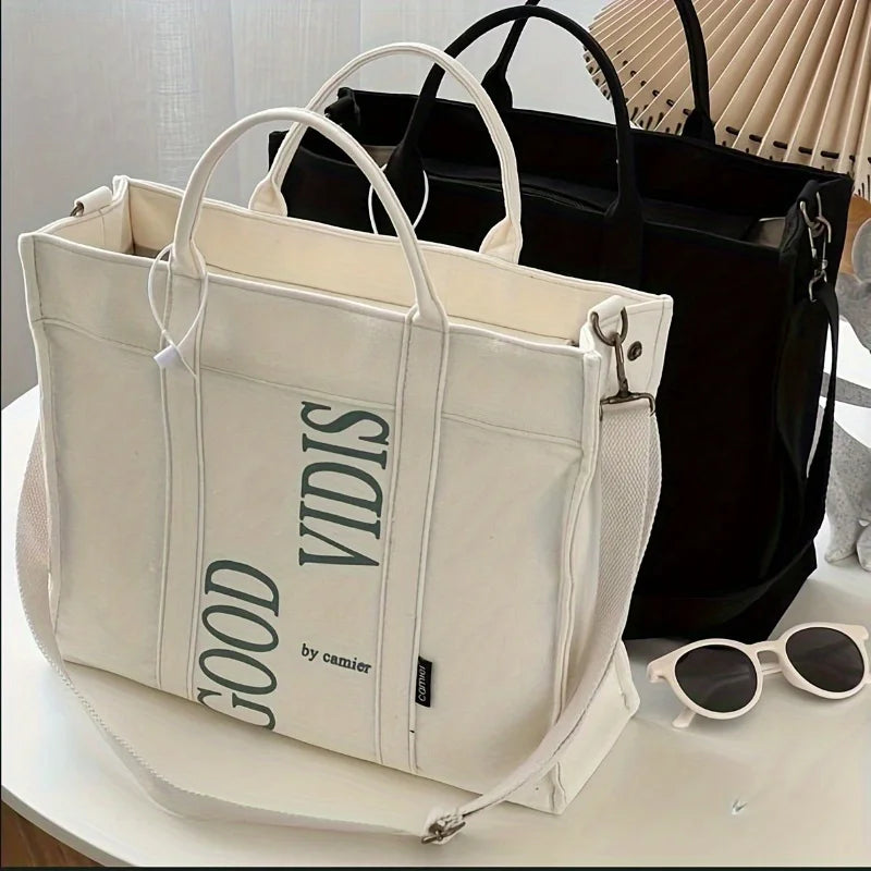 Letter Print Canvas Tote Bag Comfortable Wide Strap Shoulder Bag