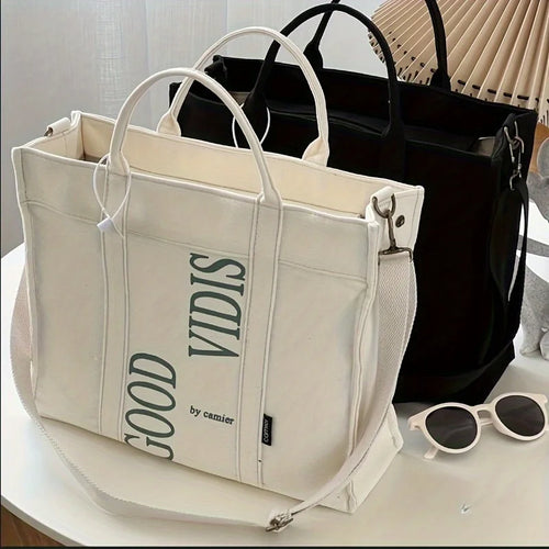 Letter Print Canvas Tote Bag Comfortable Wide Strap Shoulder Bag