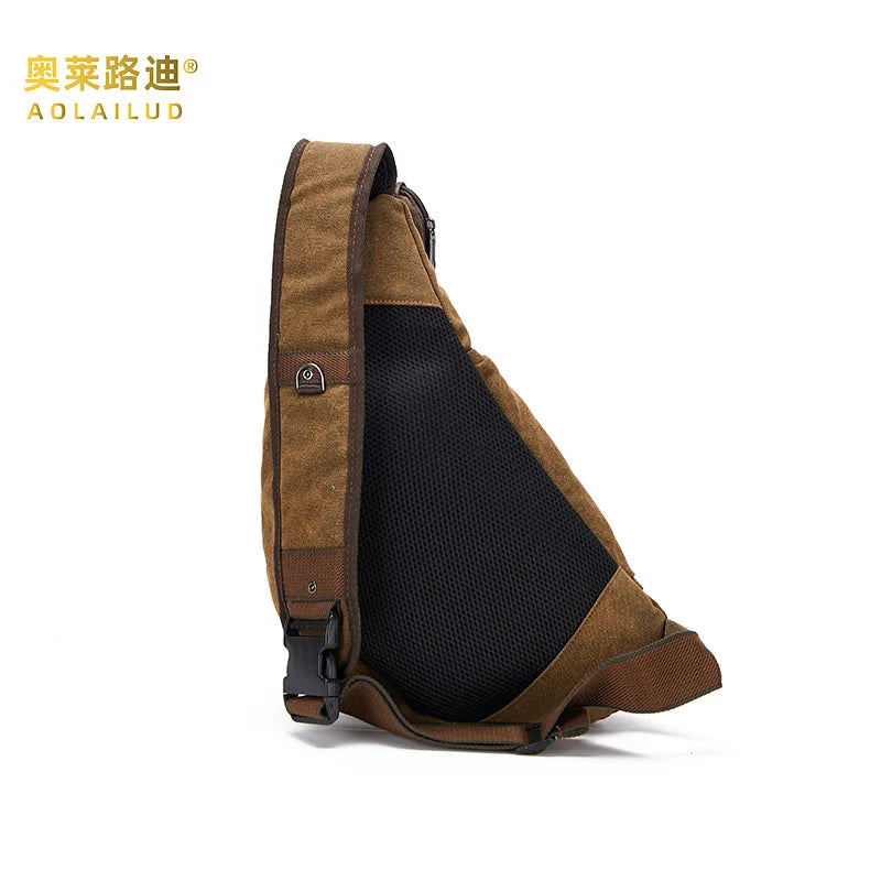 Canvas Leather Patchwork Retro Crossbody Chest Bag Crescent-Shaped Multi-Functional Large-Capacity