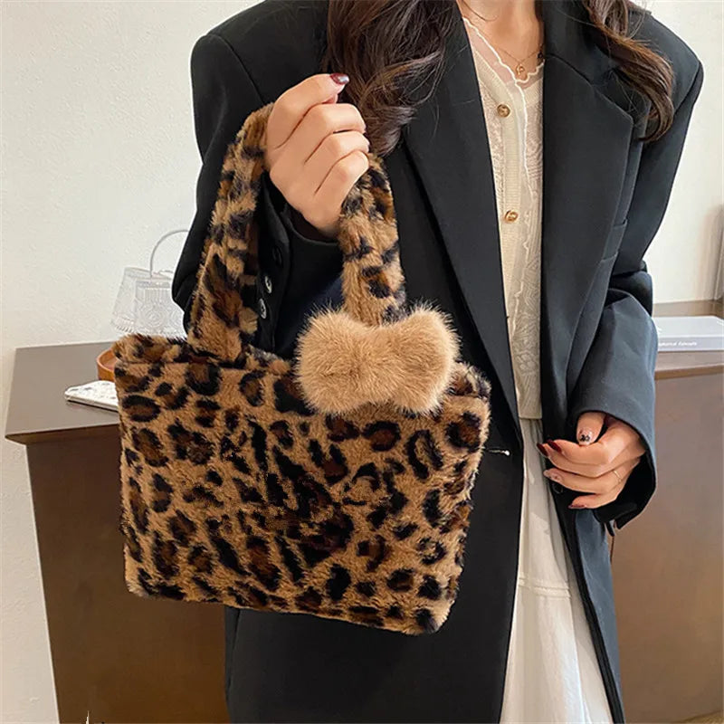 Leopard Print Plush Handbag Soft Fluffy Tote Bag Stylish Shoulder Bags Women Daily Use Friends