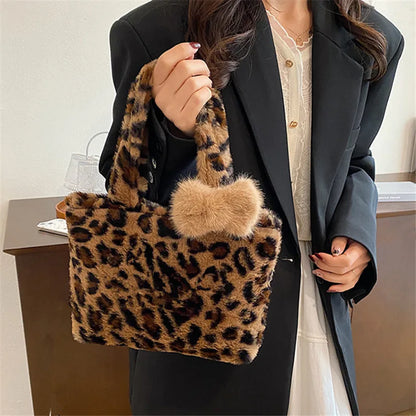 Leopard Print Plush Handbag Soft Fluffy Tote Bag Stylish Shoulder Bags Women Daily Use Friends