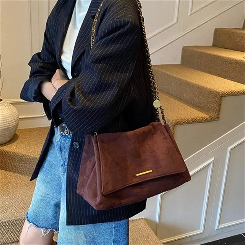 Retro Suede Chain Shoulder Bag – Large Capacity Crossbody Handbag for Women