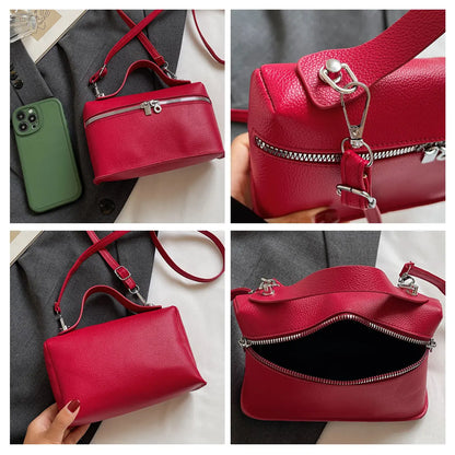 Minimalist Trend Solid Color Box Bag Litchi Pattern Portable Carrying Crossbody Daily Commuting