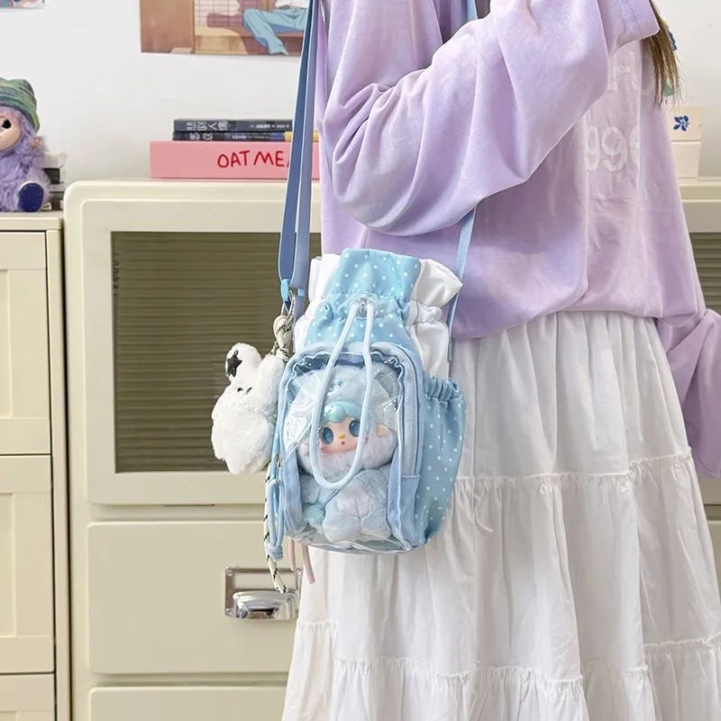 Cute Polka Dot Ita Shoulder Bag with Clear Window & Drawstring