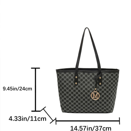 Tote Bag M Letter Print Pu Gold Pendant Decoration Zipper Large Capacity Water Resistant Shoulder