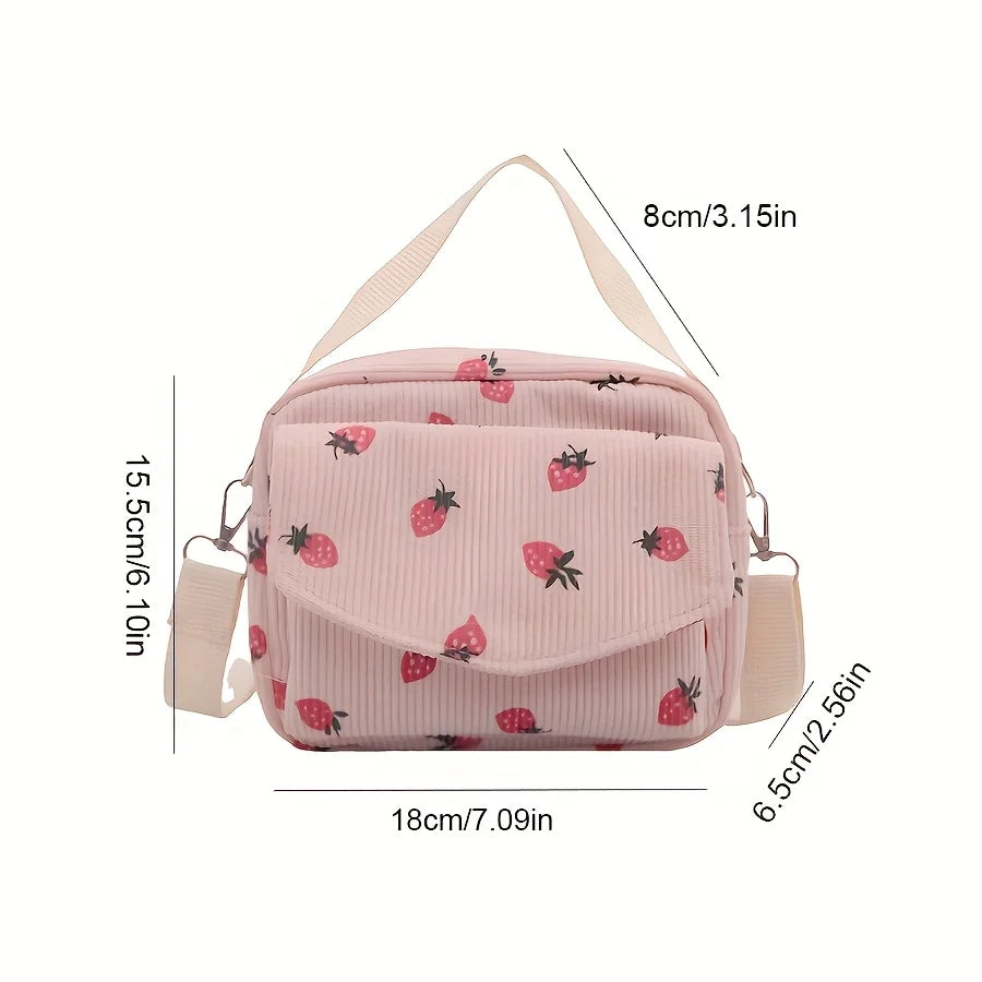 Strawberry Print Corduroy Crossbody Bag – Small Shoulder Purse