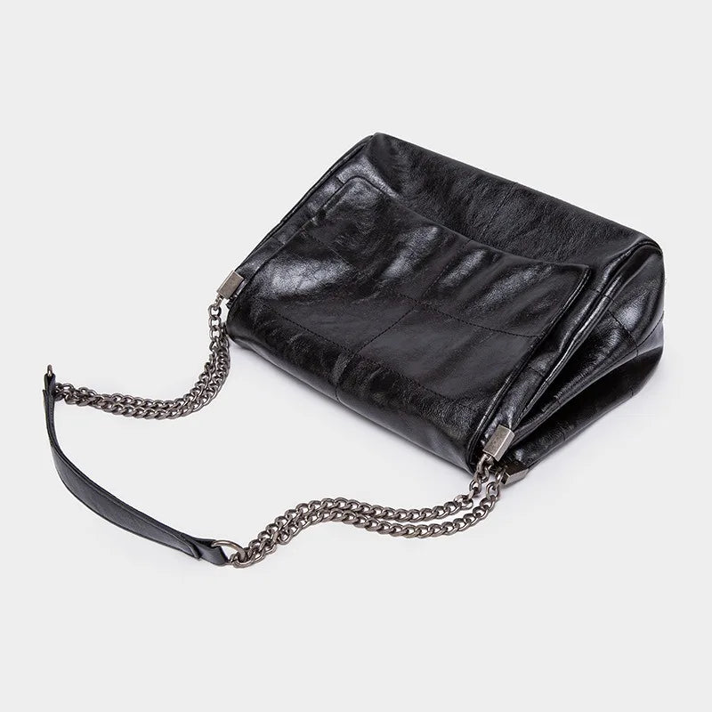 Classic Black Leather Chain Shoulder Bag Soft Flap Handbag Crossbody Bags Large Capacity Casual