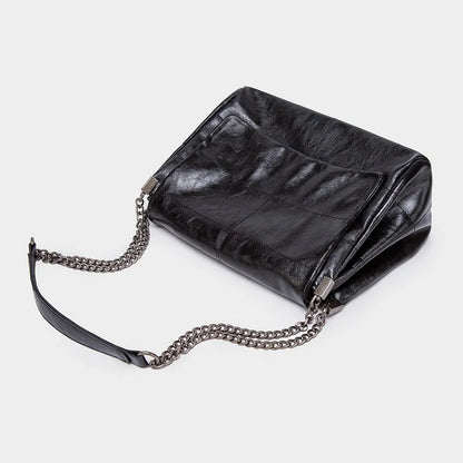 Classic Black Leather Chain Shoulder Bag Soft Flap Handbag Crossbody Bags Large Capacity Casual