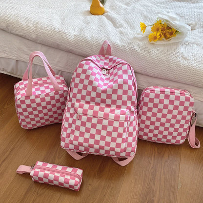 Checkerboard 4pcs Backpack Set Crossbody Handbag Pen Case Stitching Multi Pocket Adjustable Straps