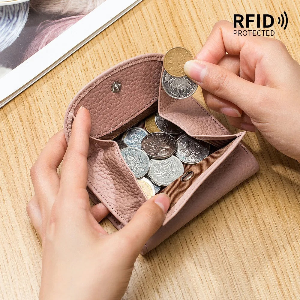 Women Genuine Leather Mini Wallet Rfid Folding Simple Ultra-Thin Small Soft Cowhide Female Card