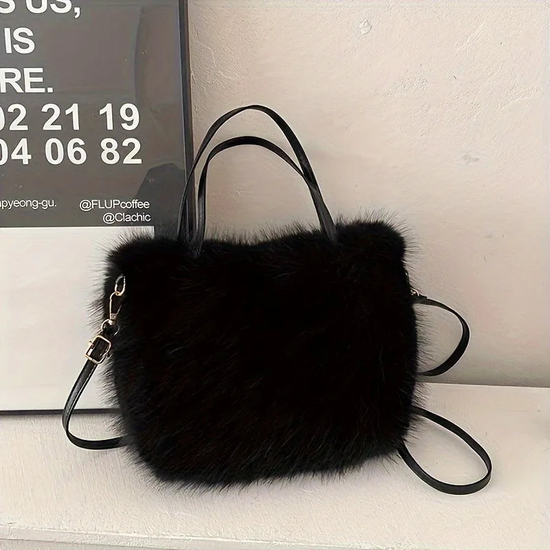Faux Fur Handbag with Detachable Strap - Plush Tote Bag