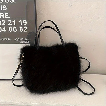 Faux Fur Handbag with Detachable Strap - Plush Tote Bag