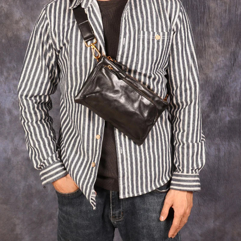 Plant Tanned Pleated Mobile Phone Containing Leather Cowhide Breast Bag Man Retro Motorcycle Sling