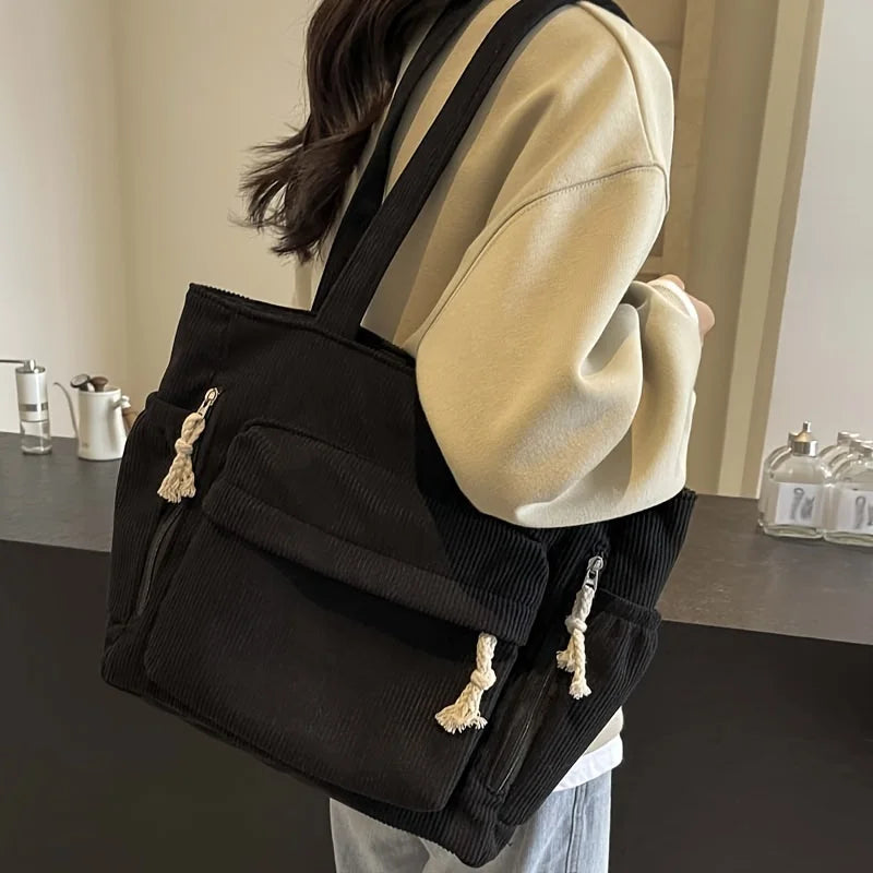 Corduroy Tote Bag Multiple Pockets Casual Chic Handbag Women Shoulder Bags Woman Perfect Shopping