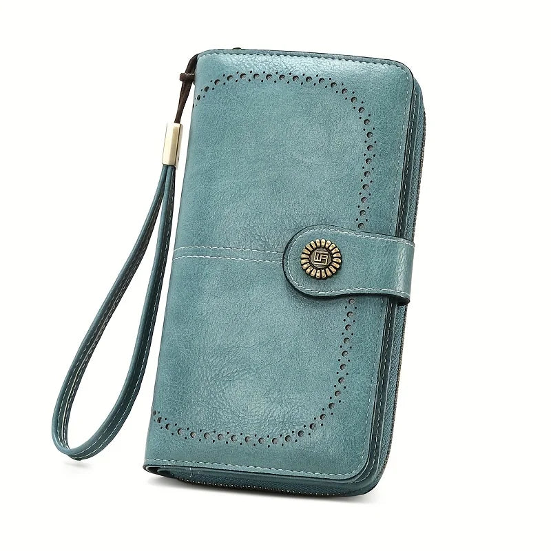 RFID Blocking Vintage Leather Wallet – Large Wristlet Clutch for Women