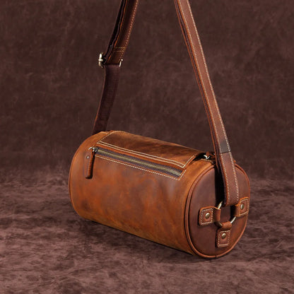 Crazy Horse Leather Men S Top Layer Cowhide Cylinder Bag Genuine Leather Retro Single-Shoulder Bag