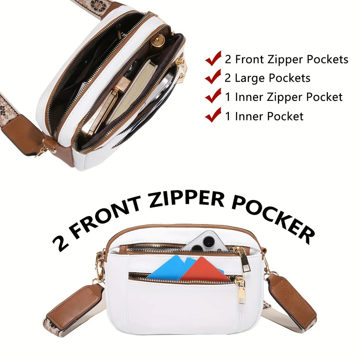 Leather Crossbody Bag with Wide Strap – Color Block Small Square Bag