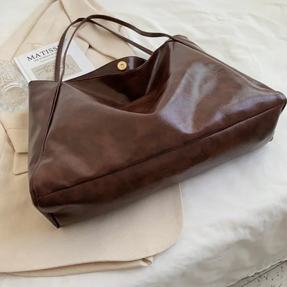 Large Capacity Retro PU Leather Tote Bag – Women's Shoulder Handbag