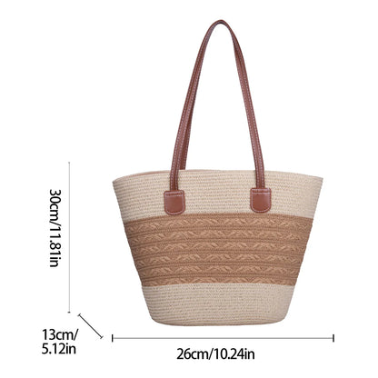 Fresh Vacation Women Shoulder Bag Woven Stripe Colorblock Straw Tote Large Capacity Breathable