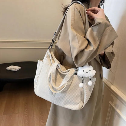 Corduroy Tote Bag with Zipper – Women's Shoulder & Crossbody Handbag