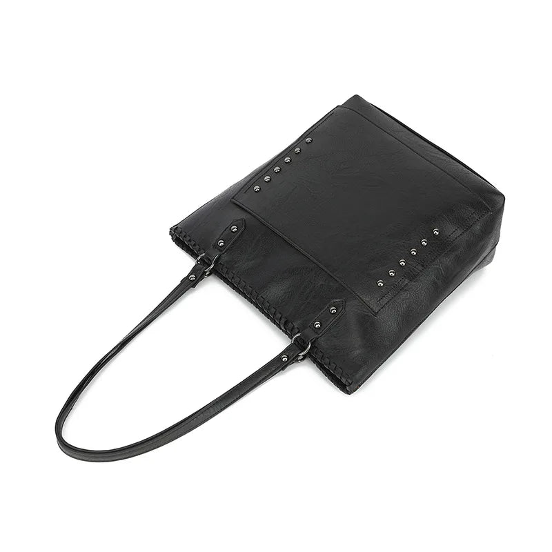 Women Vintage Rivet Faux Leather Tote Shoulder Bag Mini Wristlet Purse Daily Office Travel Shopping