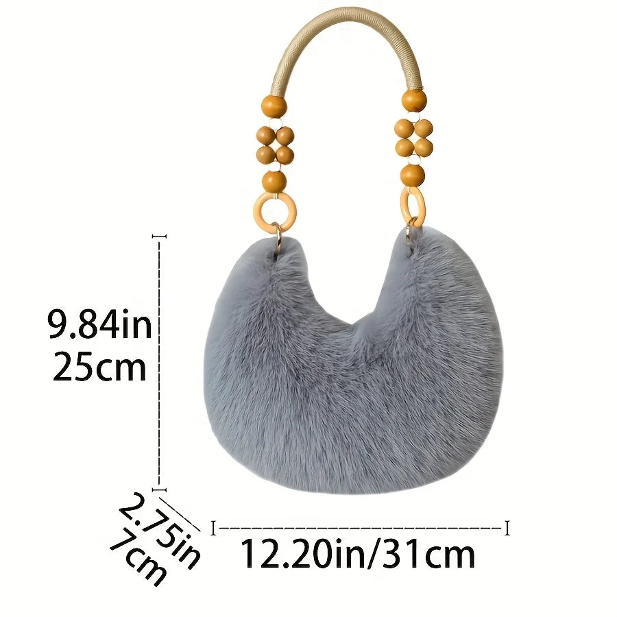 Fluffy Faux Fur Tote Bag with Wooden Bead Handle