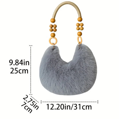 Fluffy Faux Fur Tote Bag with Wooden Bead Handle
