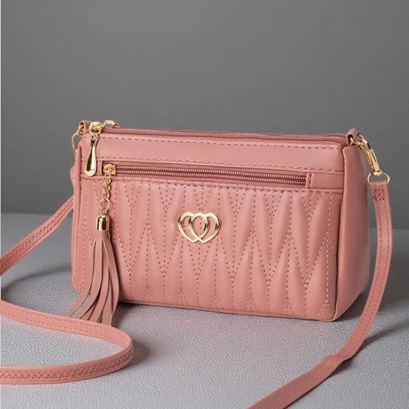 Quilted Crossbody Bag Double Heart Tassel Pendant Multi Zipper Pockets Shoulder Purse Adjustable