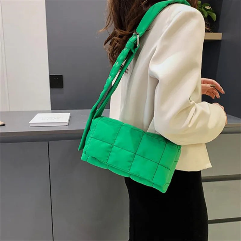 Quilted Puffer Crossbody Bag – Wide Strap Nylon Shoulder Handbag