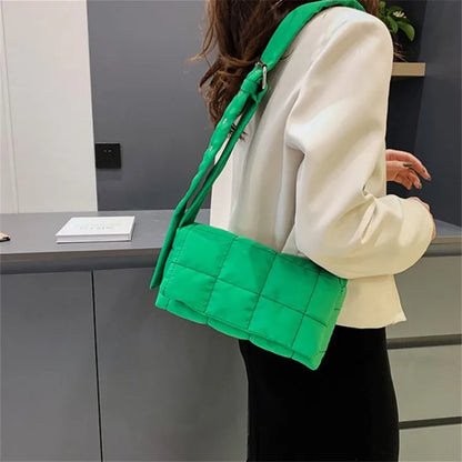Quilted Puffer Crossbody Bag – Wide Strap Nylon Shoulder Handbag
