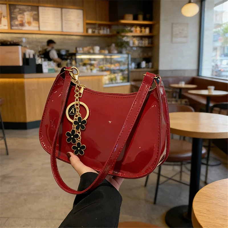 Glossy Patent Leather Shoulder Bag with Floral Keychain