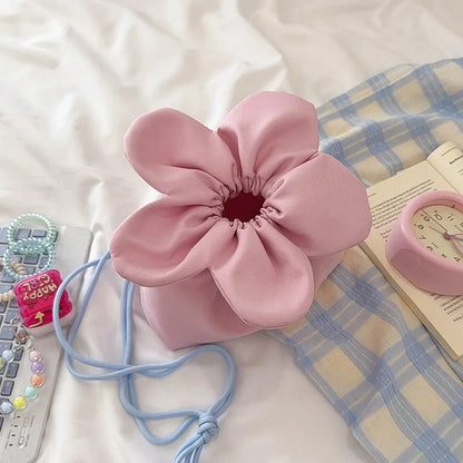 Red White Gingham Floral Crossbody Bag Petal Drawstring - Soft
