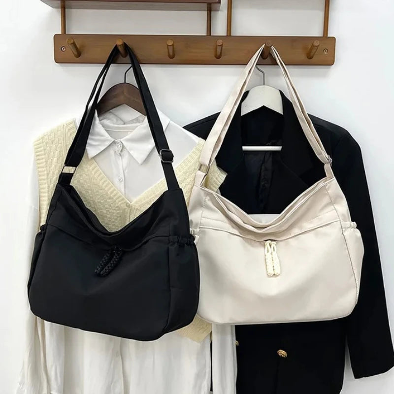Minimalist Large Capacity Tote Bag Casual Multi Pocket Shoulder Bag Braided Drawstring Crossbody