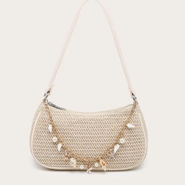 Straw Shoulder Bag with Ocean Shell & Starfish Charms