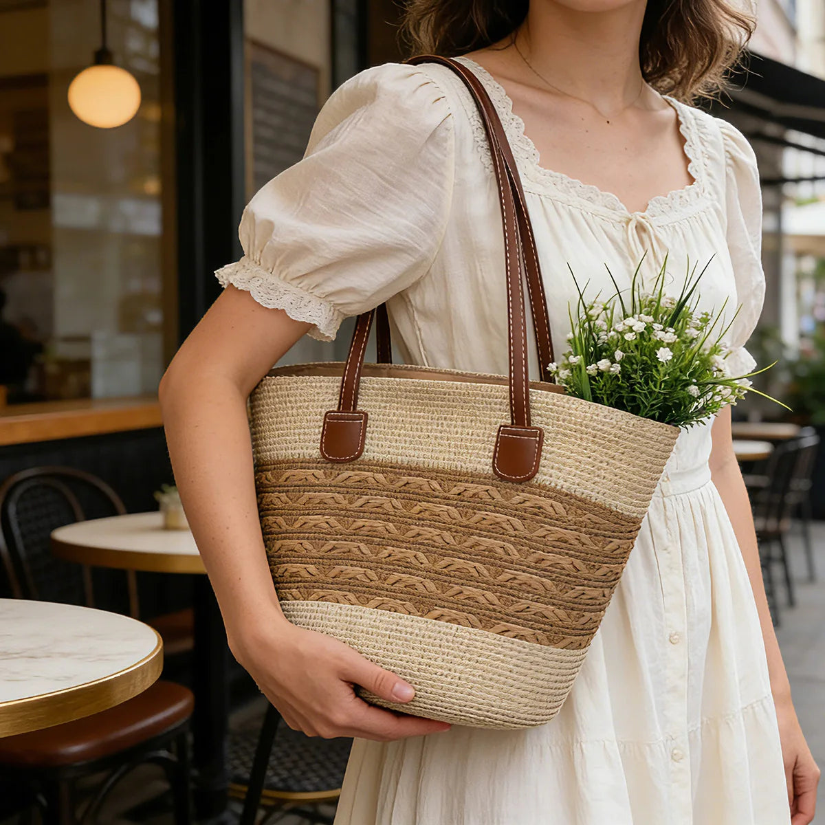 Fresh Vacation Women Shoulder Bag Woven Stripe Colorblock Straw Tote Large Capacity Breathable