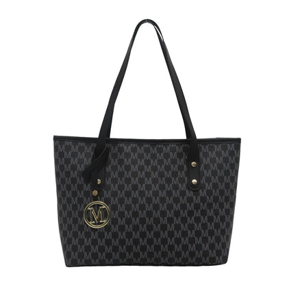 Chic Monogram Pu Tote Bag Gold M Pendant Spacious Stylish Handbag Shoulder Bags Women Everyday Use