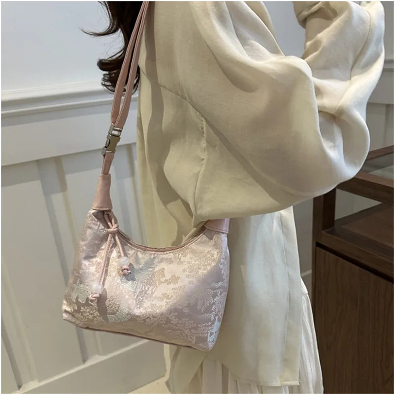 Satin Floral Shoulder Bag Chinese-Inspired Crossbody Handbag