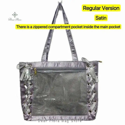 Japanese Sweet Women Ribbon Ita Bag Cute Lolita Girl Transparent Handbags Large Capacity Tote