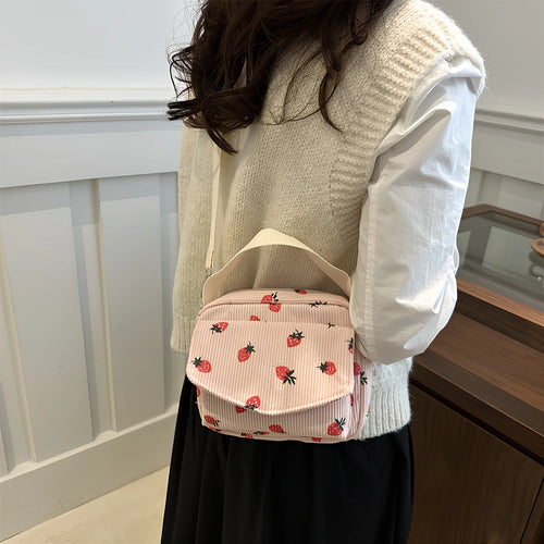 Strawberry Print Corduroy Crossbody Bag – Small Shoulder Purse