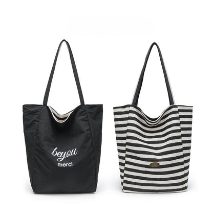 Striped Canvas Tote Bag – Double-Sided Large Shoulder Bag for Women