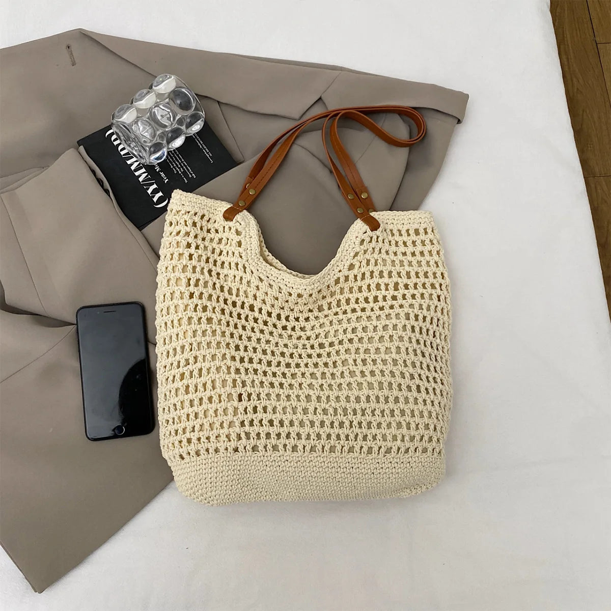 Fresh Vacation Women Tote Bag Open Weave Lightweight Soft Shoulder Large Capacity Breathable Handbag