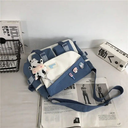 Harajuku Nylon Messenger Bag with Cute Badge Pins – Large Capacity