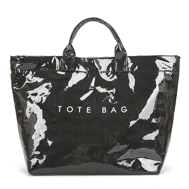 Waterproof Glossy Tote Bag with Letter Print & Double Handles