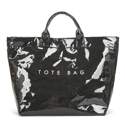 Waterproof Glossy Tote Bag with Letter Print & Double Handles