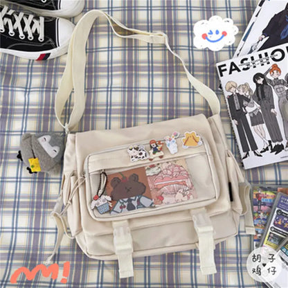 Kawaii Japanese Nylon Crossbody Bag with Transparent Pin Pocket