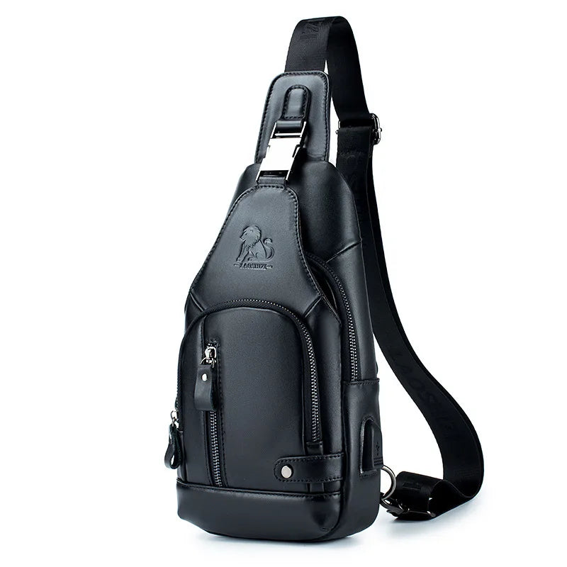 Leather Chest Bag Man Cross-Body Backpack Usb Multi-Function Large Capacity Front Satchel