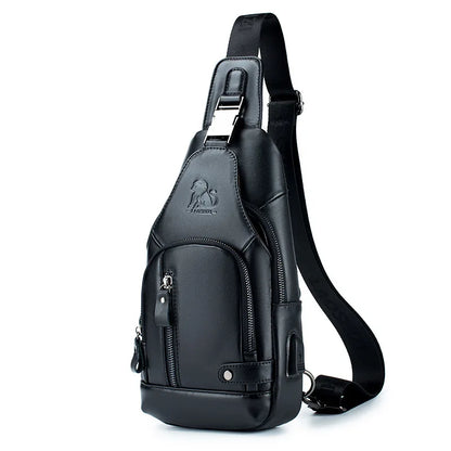 Leather Chest Bag Man Cross-Body Backpack Usb Multi-Function Large Capacity Front Satchel