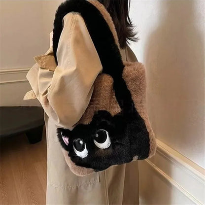 Plush Cat Tote Bag – Kawaii Faux Fur Handbag for Women