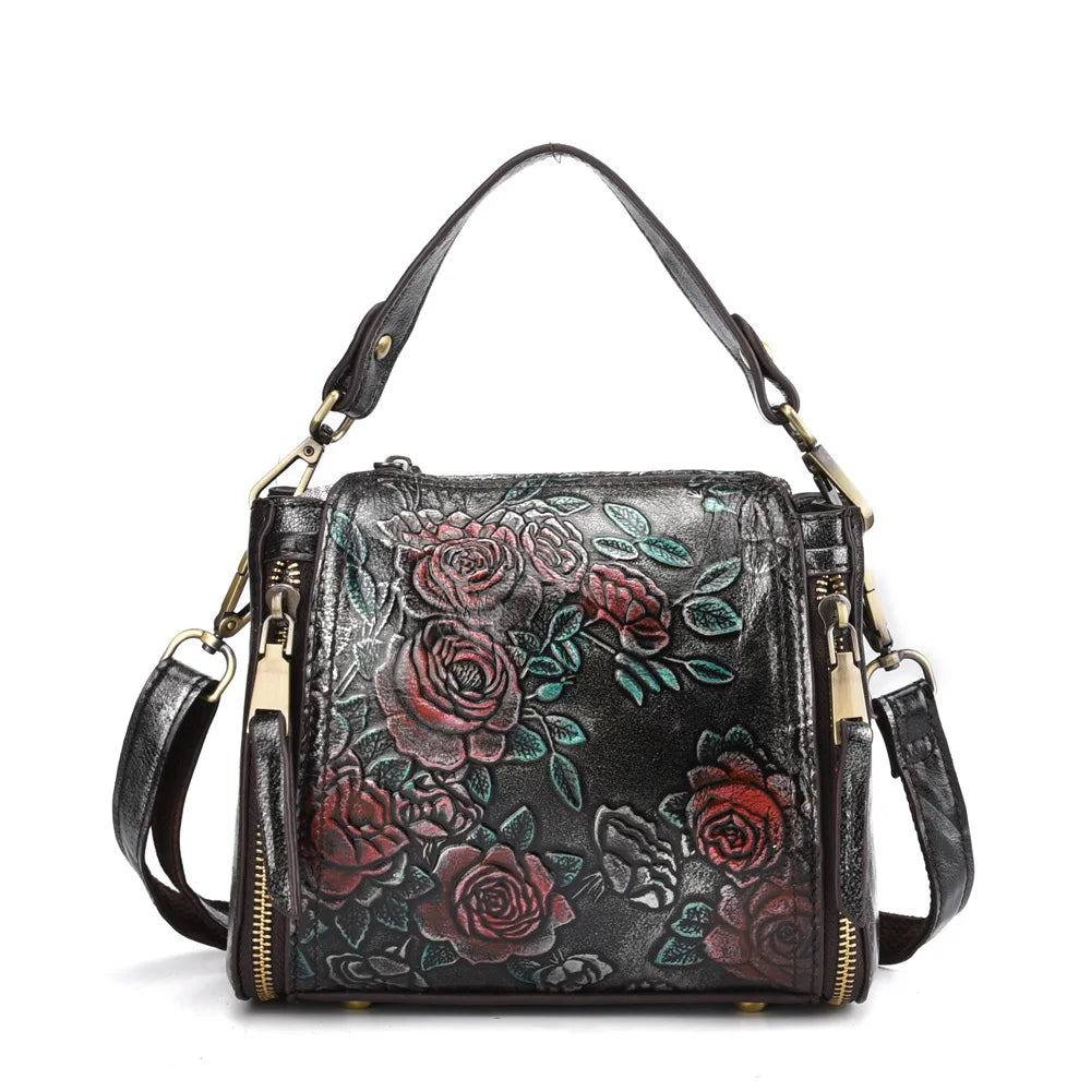 Genuine Leather Women S Single-Shoulder Bag Floral Crossbody Retro Large-Capacity High-End Hand-Held